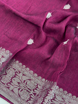 Deep Purple Color Bengal Linen Handwoven Saree with Sliver Zari Weave with small Buttis - Kaash