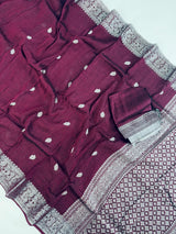 Deep Purple Color Bengal Linen Handwoven Saree with Sliver Zari Weave with small Buttis - Kaash