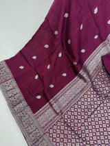 Deep Purple Color Bengal Linen Handwoven Saree with Sliver Zari Weave with small Buttis - Kaash