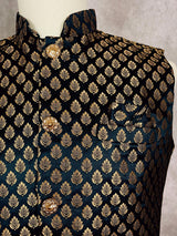 Black men's Nehru/Modi jacket in soft banarasi silk with gold zari buttis — Kaash Collection