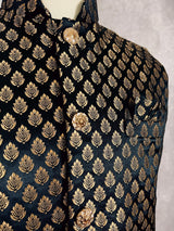 Black men's Nehru/Modi jacket in soft banarasi silk with gold zari buttis — Kaash Collection