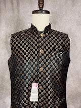 Black men's Nehru/Modi jacket in soft banarasi silk with gold zari buttis — Kaash Collection