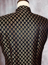 Black men's Nehru/Modi jacket in soft banarasi silk with gold zari buttis — Kaash Collection