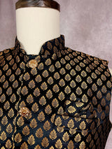 Designer Black Color Banarasi Modi Nehru Jacket For Men in Soft Banarasi Silk with Gold Buttis | Men Wedding Jackets | Men Party Wear Jacket - Kaash