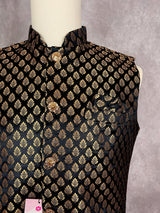 Designer Black Color Banarasi Modi Nehru Jacket For Men in Soft Banarasi Silk with Gold Buttis | Men Wedding Jackets | Men Party Wear Jacket - Kaash