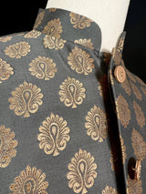 Gray men's Nehru/Modi jacket in soft banarasi silk with gold zari floral buttis — Kaash Collection