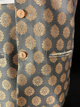 Gray men's Nehru/Modi jacket in soft banarasi silk with gold zari floral buttis — Kaash Collection