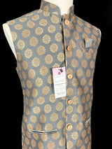 Gray men's Nehru/Modi jacket in soft banarasi silk with gold zari floral buttis — Kaash Collection