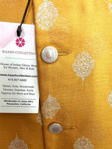Mango Yellow men's Nehru/Modi jacket in soft silk with silver embossed leaf design — Kaash Collection