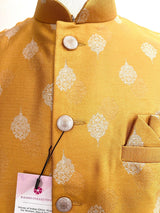 Mango Yellow men's Nehru/Modi jacket in soft silk with silver embossed leaf design — Kaash Collection