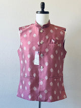 Mauve Pink men's Nehru/Modi jacket in silk (non-pure) with silver embossed leaf design — Kaash Collection