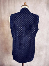 Designer Party Wear Velvet Blue Color Modi Jacket For Men | High Quality Premium Velvet Jacket Thread Embroidery Sequin Work - Kaash