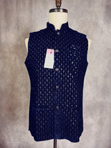 Designer Party Wear Velvet Blue Color Modi Jacket For Men | High Quality Premium Velvet Jacket Thread Embroidery Sequin Work - Kaash