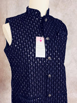 Designer Party Wear Velvet Blue Color Modi Jacket For Men | High Quality Premium Velvet Jacket Thread Embroidery Sequin Work - Kaash