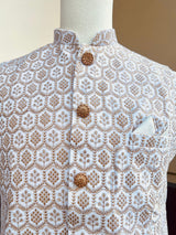 Designer Party Wear Velvet White Color Modi Jacket For Men | High Quality Premium Velvet Jacket with Gold Thread Embroidery and Sequin Work - Kaash