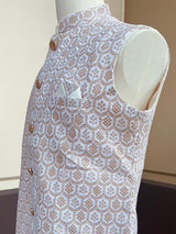 Designer Party Wear Velvet White Color Modi Jacket For Men | High Quality Premium Velvet Jacket with Gold Thread Embroidery and Sequin Work - Kaash