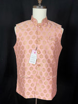 Pink men's Nehru/Modi jacket in soft banarasi silk with gold zari floral buttis — Kaash Collection