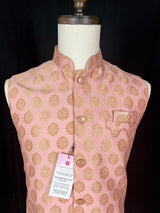 Pink men's Nehru/Modi jacket in soft banarasi silk with gold zari floral buttis — Kaash Collection