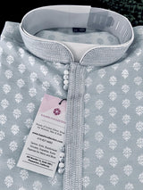 Silver Grey men's kurta pajama in soft silk (non-pure) with silver buttis on soft silk — Kaash Collection