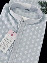 Silver Grey men's kurta pajama in soft silk (non-pure) with silver buttis on soft silk — Kaash Collection