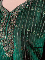 Designer Readymade Kameez with Pants in Bottle Green Color - Kaash