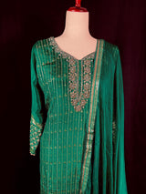 Designer Readymade Kameez with Pants in Bottle Green Color - Kaash