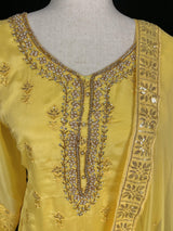 Designer Readymade Salwar Kameez in Yellow Color - 3pcs Women Salwar Kameez Set with Handwork in Pure Chinnon Silk - Kaash