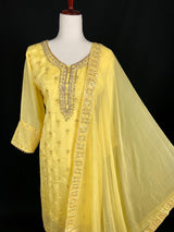 Designer Readymade Salwar Kameez in Yellow Color - 3pcs Women Salwar Kameez Set with Handwork in Pure Chinnon Silk - Kaash