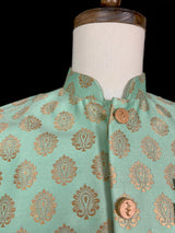 Sea Green men's Nehru/Modi jacket in soft banarasi silk with gold zari floral buttis — Kaash Collection