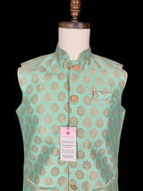 Sea Green men's Nehru/Modi jacket in soft banarasi silk with gold zari floral buttis — Kaash Collection