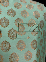 Sea Green men's Nehru/Modi jacket in soft banarasi silk with gold zari floral buttis — Kaash Collection