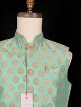 Sea Green men's Nehru/Modi jacket in soft banarasi silk with gold zari floral buttis — Kaash Collection
