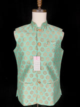 Designer Sea Green Color Modi Nehru Jacket For Men in Banarasi Silk | Waist Coat | Jacket for Kurta | Indian Wedding Wear for Men - Kaash
