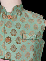 Designer Sea Green Color Modi Nehru Jacket For Men in Banarasi Silk | Waist Coat | Jacket for Kurta | Indian Wedding Wear for Men - Kaash