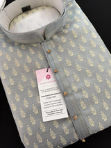 Designer Sliver Grey Kurta for Men in Banarasi Silk Embossed Buttis - Kaash