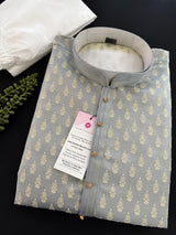 Designer Sliver Grey Kurta for Men in Banarasi Silk Embossed Buttis - Kaash