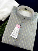 Designer Sliver Grey Kurta for Men in Banarasi Silk Embossed Buttis - Kaash