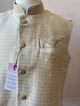 Cream with Pastel Green Hue men's Nehru/Modi jacket in silk (non-pure) with zari embossed woven detail — Kaash Collection