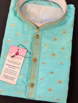 Sea Green with Tint of Blue men's kurta pajama in silk with zari-weave design with lining — Kaash Collection