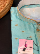 Designers Sea Green with tint of Blue Silk Men Kurta Pajama Set with Zari Weave | Mens Ethnic Wedding Wear - Kaash