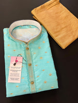 Designers Sea Green with tint of Blue Silk Men Kurta Pajama Set with Zari Weave | Mens Ethnic Wedding Wear - Kaash