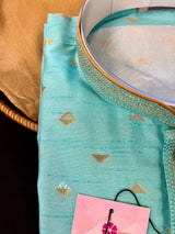 Designers Sea Green with tint of Blue Silk Men Kurta Pajama Set with Zari Weave | Mens Ethnic Wedding Wear - Kaash