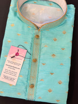 Designers Sea Green with tint of Blue Silk Men Kurta Pajama Set with Zari Weave | Mens Ethnic Wedding Wear - Kaash
