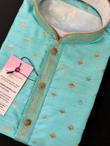 Designers Sea Green with tint of Blue Silk Men Kurta Pajama Set with Zari Weave | Mens Ethnic Wedding Wear - Kaash