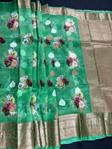 Green Digital Print Banarasi saree in banarasi kora organza with floral digital print with resham antique & silver zari — Kaash Collection