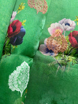 Green Digital Print Banarasi saree in banarasi kora organza with floral digital print with resham antique & silver zari — Kaash Collection