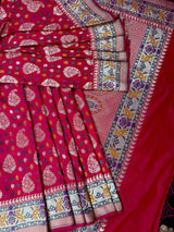 Double-Tone Red & Pink Paithani saree in pure katan silk with double gold zari with paithani pallu & border — Kaash Collection