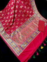 Double-Tone Red & Pink Paithani saree in pure katan silk with double gold zari with paithani pallu & border — Kaash Collection