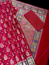 Double-Tone Red & Pink Paithani saree in pure katan silk with double gold zari with paithani pallu & border — Kaash Collection