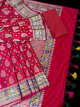 Double-Tone Red & Pink Paithani saree in pure katan silk with double gold zari with paithani pallu & border — Kaash Collection